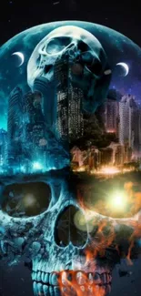 Futuristic skull cityscape with cosmic elements.