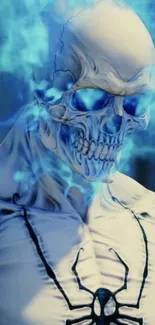 Dynamic futuristic skull with blue flames mobile wallpaper.