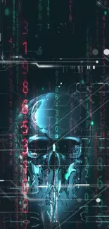 Futuristic skull with digital matrix code wallpaper in dark cyan tones.