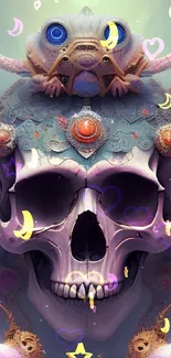 A futuristic skull with a fantasy creature on top, full of vibrant colors.