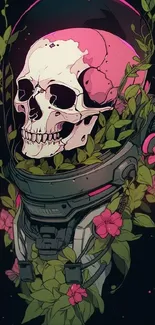 Futuristic skull with floral elements in a digital art style on a phone wallpaper.