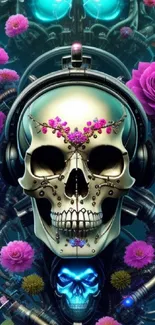 Futuristic skull with pink flowers wallpaper.