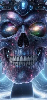 Futuristic skull with galaxy design in blue tones.