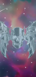 Futuristic skull with wings in a galaxy background.