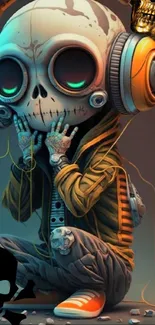 Futuristic skull with headphones wallpaper, vibrant orange and teal design.