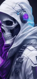 Futuristic skull in a hoodie with headphones and purple tones.