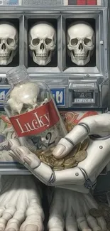 Robotic hand holding a skull-themed bottle with coins around.