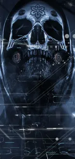 Futuristic skull design with digital elements on a mobile wallpaper.