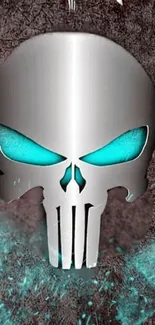 Futuristic silver skull wallpaper with teal highlights on a dark background.