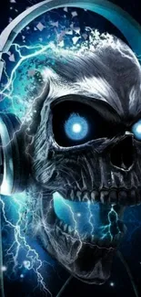 Futuristic skull with headphones in electric blue tones.