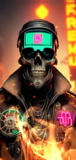 Futuristic skull with neon lights in a cyberpunk cityscape.