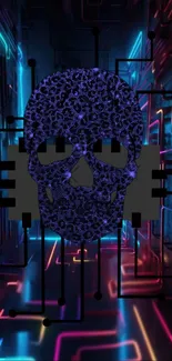 Futuristic digital skull with blue neon lights.