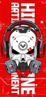 Futuristic skull with headphones on red background.