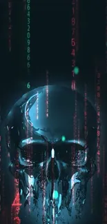 Futuristic skull with neon codes on dark background.