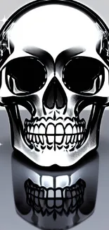 Futuristic metallic skull with reflection on phone wallpaper.