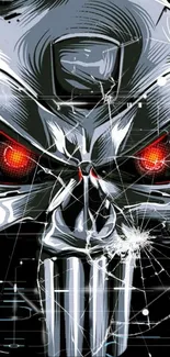 Futuristic skull wallpaper with red eyes and cracked glass effect.