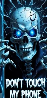 Skull with glowing blue eyes and cracked screen effect on phone wallpaper.