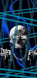 Futuristic skull wallpaper with blue neon accents.