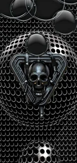 Futuristic metallic skull design on dark phone wallpaper.