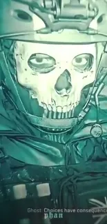 Futuristic skull soldier with teal tones wearing a helmet in a dark theme design.