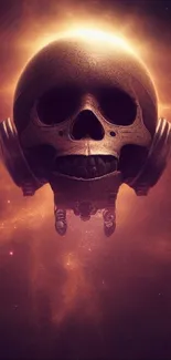 Futuristic skull in space with glowing halo.