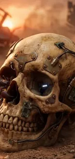Futuristic skull with cyber enhancements and scorpion in post-apocalyptic setting.