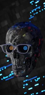 Futuristic skull with neon and digital elements in dark themed wallpaper.