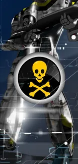 Futuristic robot with yellow skull emblem on a digital wallpaper.