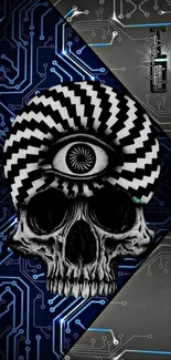 Futuristic skull with an eye on a digital circuit background wallpaper.