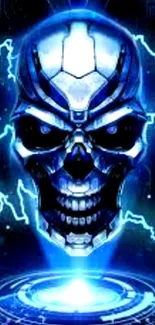 Futuristic skull wallpaper with neon blue lightning.