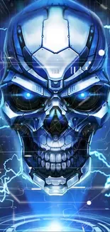 Futuristic skull wallpaper with glowing blue and cybernetic elements.