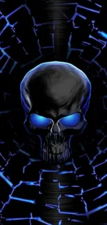 Glowing blue skull with cracked pattern in dark theme.