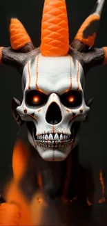 Futuristic skull with glowing orange horns and dark background.