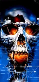 Futuristic skull with glowing eyes in blue tech background.