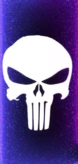 Futuristic skull with neon purple and blue cosmic background.