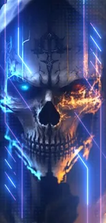 Futuristic skull with neon lights, vibrant colors and a sci-fi theme mobile wallpaper.