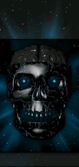 Futuristic skull with glowing blue eyes on a cosmic background.