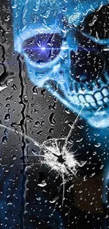 Futuristic blue skull with cracked glass effect on a dark background.