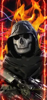 Futuristic skull warrior with fiery background.