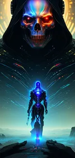 Futuristic art with a glowing skull and robotic warrior in a digital landscape.