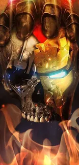 Futuristic skull with glowing flames background.