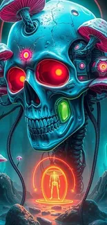 Futuristic skull with mushrooms glowing.