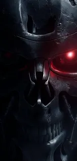 Dark metallic skull with glowing red eyes.