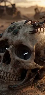 Futuristic skull with scorpion in a desert setting.