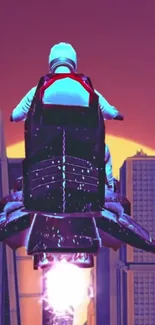 Futuristic cityscape with a jetpack rider against a neon sunset background.