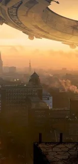 Futuristic cityscape with a hovering spaceship at sunrise, showcasing towering buildings.