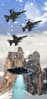 Jets and UFO over snowy mountains with a vibrant blue sky.