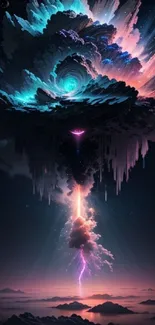 Futuristic digital art with cosmic sky and lightning.