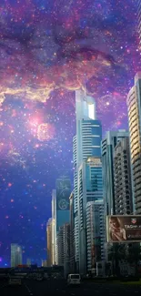 A city skyline merges with a cosmic galaxy sky, creating a futuristic wallpaper.