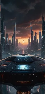 Futuristic city skyline at sunset with spaceships.